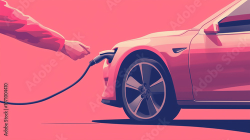 Hand inserting charging cable into electric car, representing sustainable transportation and eco-friendly technology