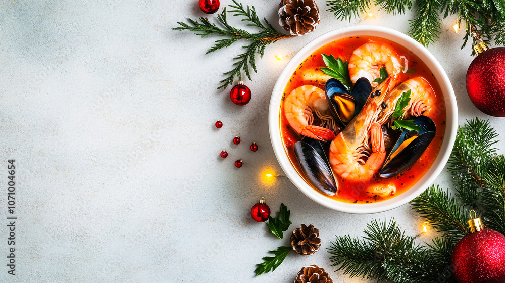 Traditional Bouillabaisse Stew with Seafood and Copy Space - Festive Christmas Gourmet Dish with Shrimps and Mussels on Decorated Table Traditional Bouillabaisse Stew with Seafood and Copy Space - Festive Christmas Gourmet Dish with Shrimps and Mussels on Decorated Table