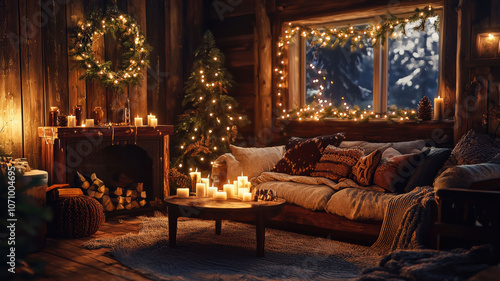 Simple rustic decor hacks in a cabin living room, featuring fairy lights, pinecone garlands, handmade cushions, wooden furniture with wool throws, and warm candle lighting, creating cozy winter vibes