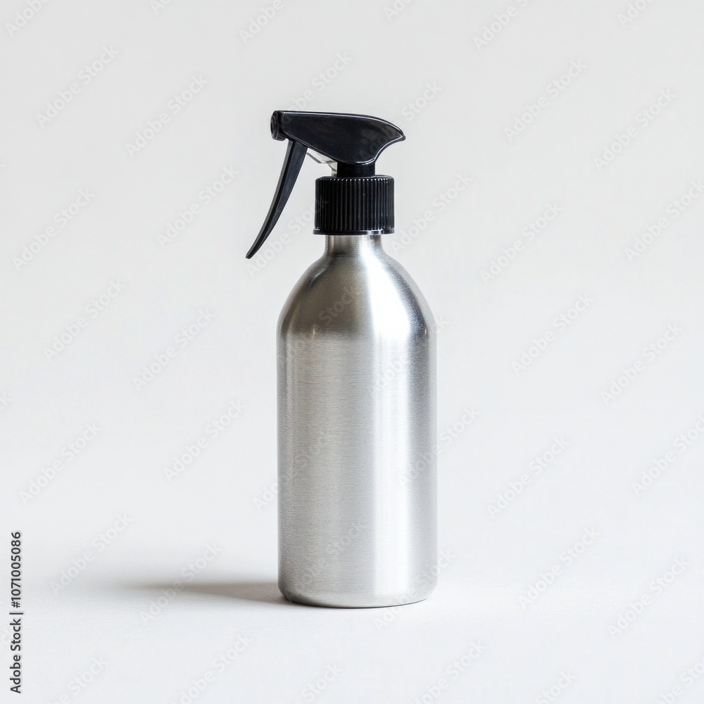 Stainless steel spray bottle on neutral background Stainless steel spray bottle on neutral background
