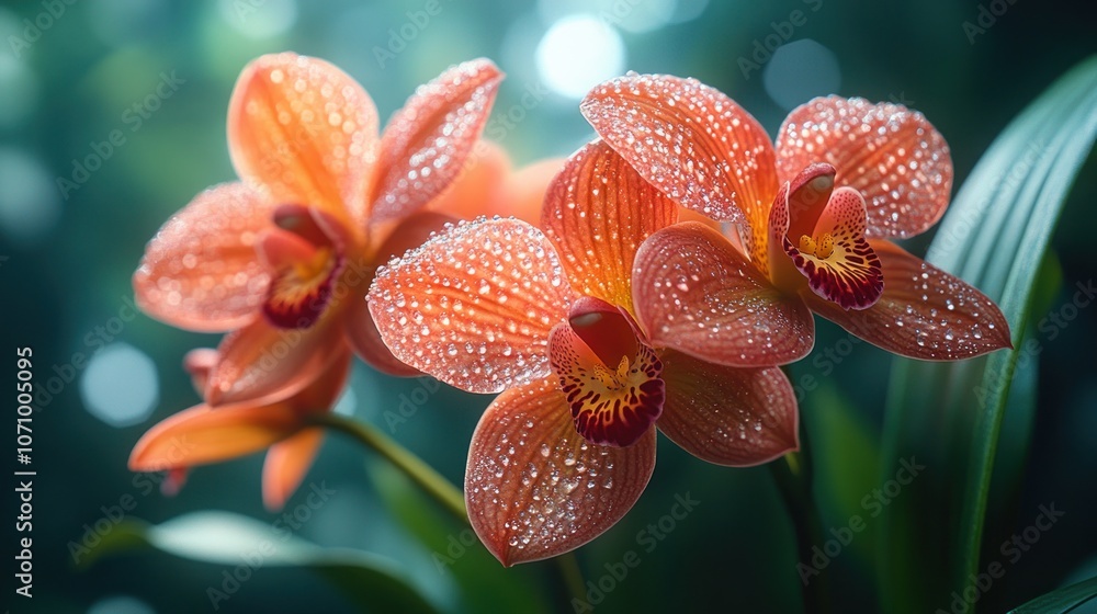 Three orange orchids with water droplets on the petals, soft background. Three orange orchids with water droplets on the petals, soft background.