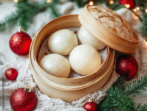 Traditional Steamed Bao Buns in Bamboo Steamer with Festive Christmas Decorations. Holiday-Inspired Asian Cuisine Background photo