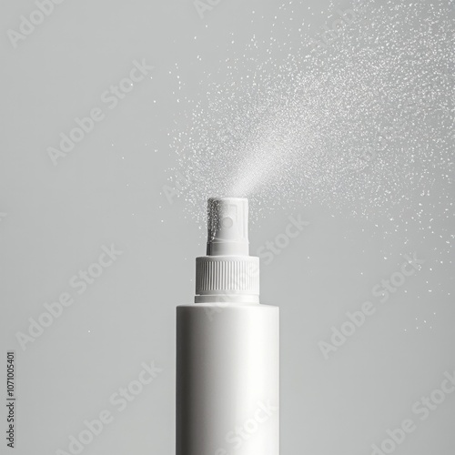 White spray bottle dispensing mist against minimalist gray background photo