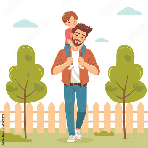 Happy father day. Smiling son sits on dad's shoulders and hugs him on nature background. Poster, Banner, Flyer, Greeting Card. Vector illustration in flat cartoon style