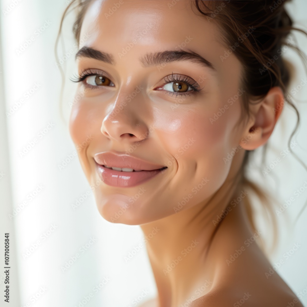 Radiant young woman with glowing skin smiling softly by a sunlit window in a serene indoor setting Radiant young woman with glowing skin smiling softly by a sunlit window in a serene indoor setting