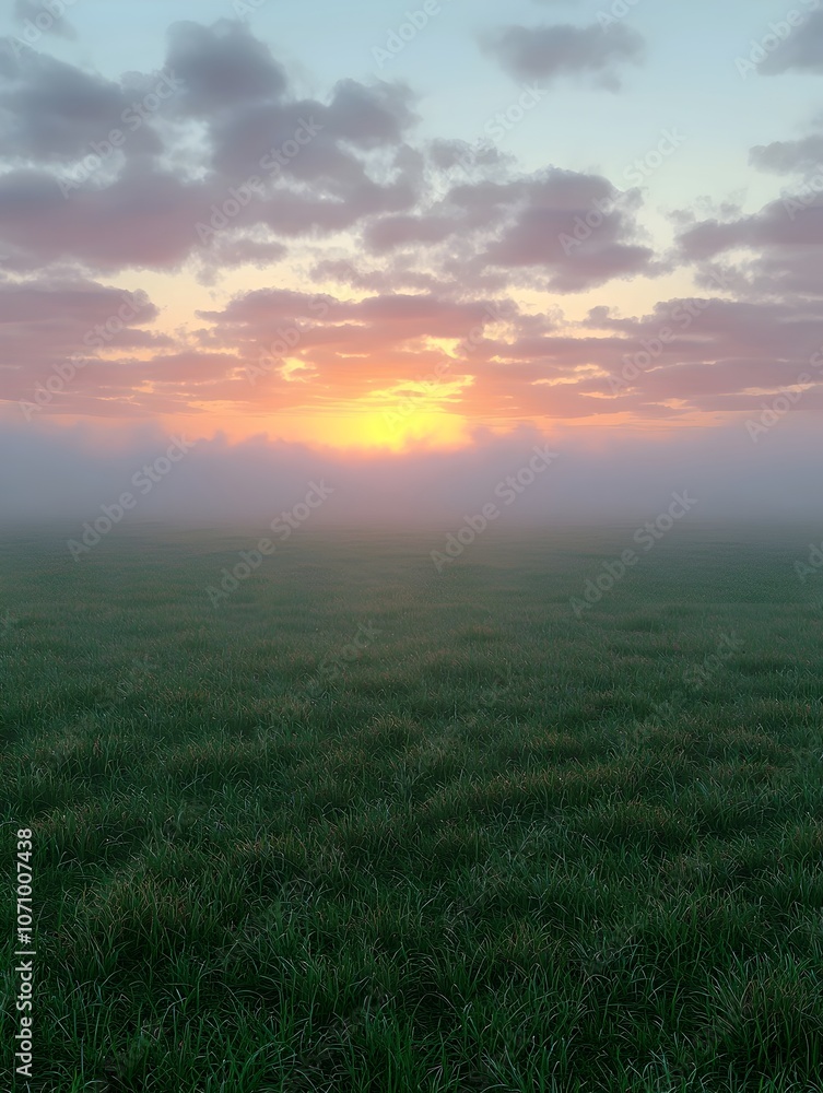 A serene landscape at dawn featuring a misty field with lush green grass under a beautiful sky filled with soft, colorful clouds as the sun begins to rise. A serene landscape at dawn featuring a misty field with lush green grass under a beautiful sky filled with soft, colorful clouds as the sun begins to rise.