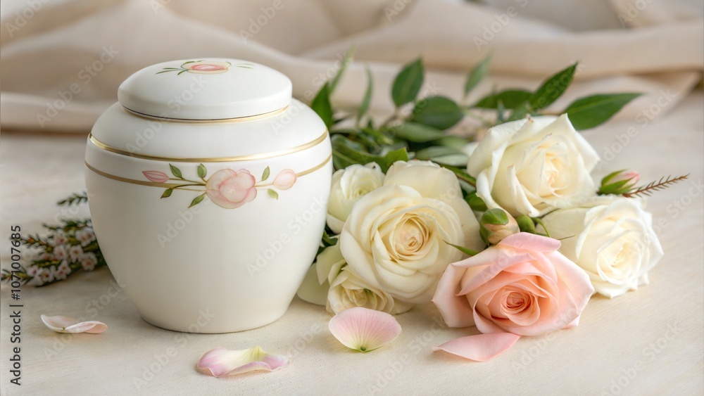 Child memorial urn with floral pattern and flowers on table Child memorial urn with floral pattern and flowers on table