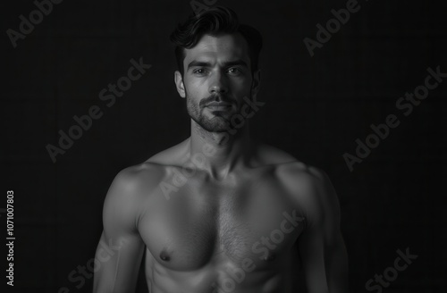 handsome athletic man Looking at the camera on a black background, black and white photo