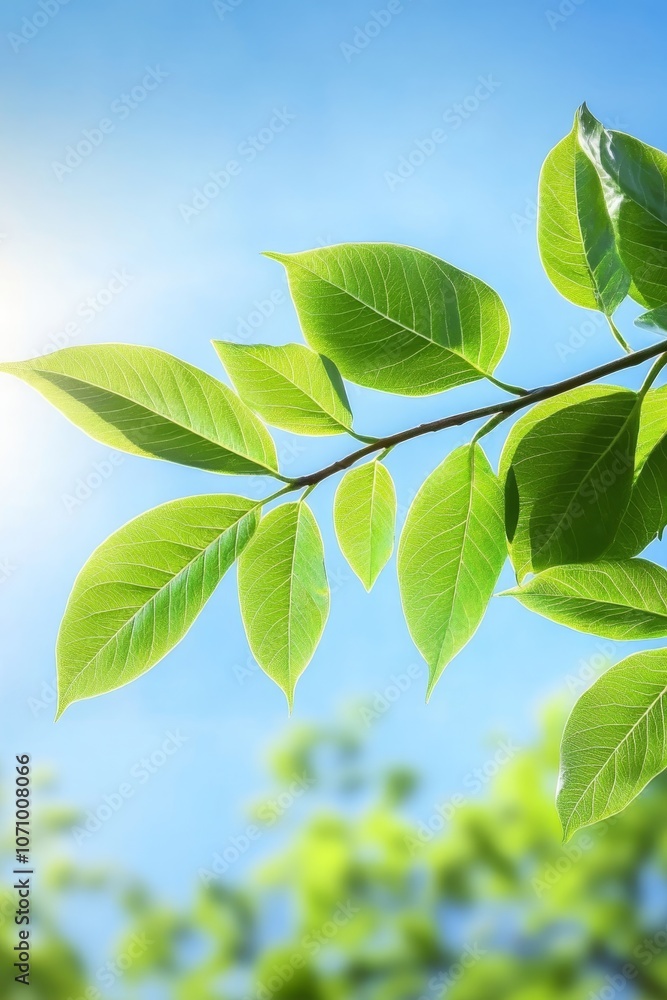Sunlit Springtime Vibrant Green Leaves Reach for the Clear Blue Sky, Natures Beauty Sunlit Springtime Vibrant Green Leaves Reach for the Clear Blue Sky, Natures Beauty