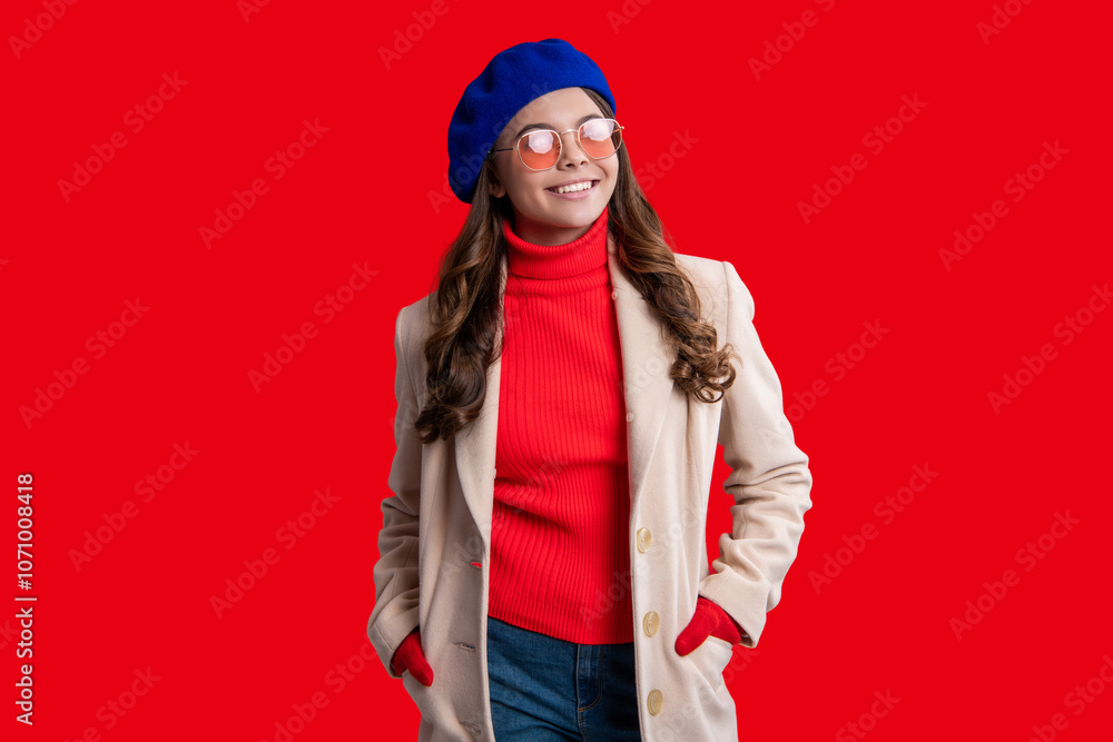 Girl in autumn coat isolated on red. Teen girl wear sunglasses. Autumn fashion girl. Trendy and stylish teenager girl smiling. Fall fashion style for teen. Complete outfit for the fall style