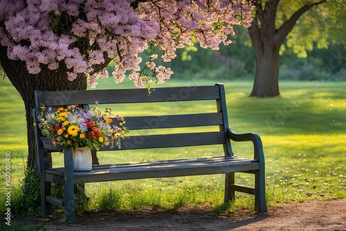 A Quiet Gift: Wildflowers Rest on a Bench Beneath Blooming Branches