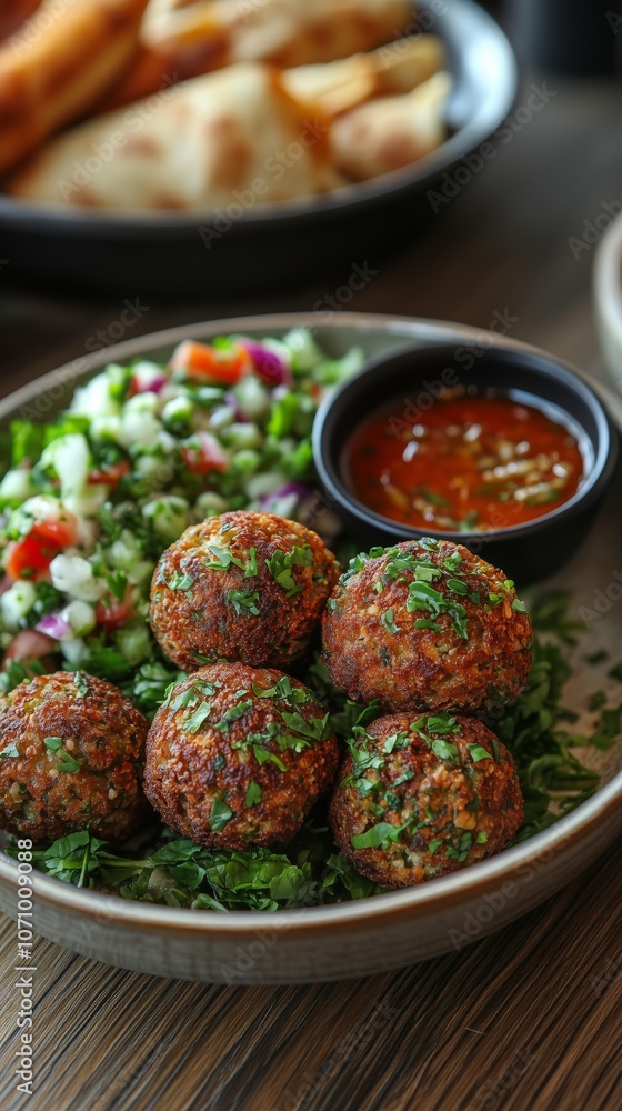 Falafel balls served with fresh salad and spicy dip on a wooden table, offering a vibrant and aromatic meal. Falafel balls served with fresh salad and spicy dip on a wooden table, offering a vibrant and aromatic meal.
