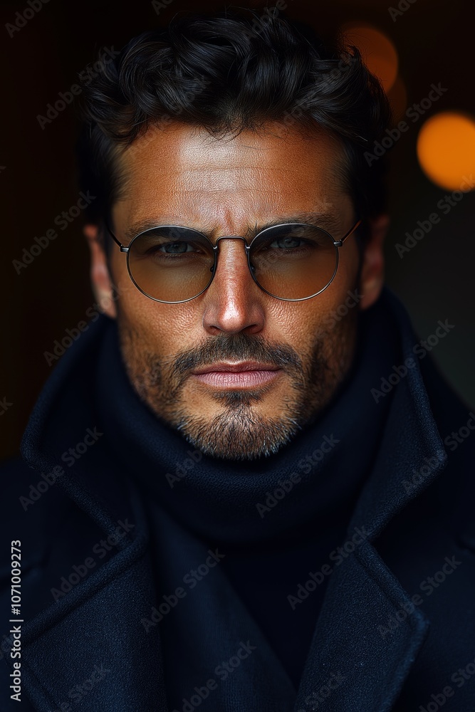 A man with glasses and a beard looks confidently at the camera, wearing a dark coat in a softly lit setting. A man with glasses and a beard looks confidently at the camera, wearing a dark coat in a softly lit setting.