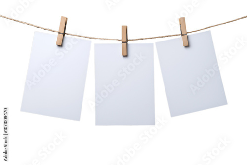 Empty Polaroid photos hanging on a clothesline with clothespins. PNG transparent.
