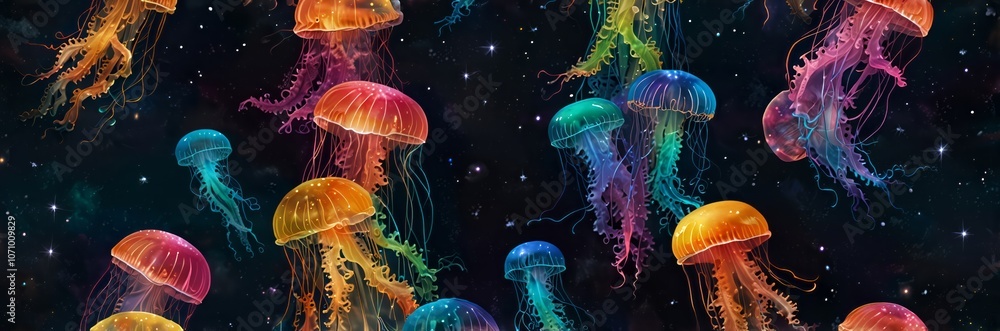 Fototapeta premium Under water ecosystem, Beautiful jellyfish repetitive pattern