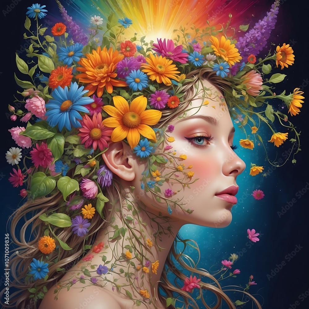 A surreal scene where a human brain transforms into blooming flowers, representing a creative thought process.Surreal Perspective Shift A surreal scene where a human brain transforms into blooming flowers, representing a creative thought process.Surreal Perspective Shift