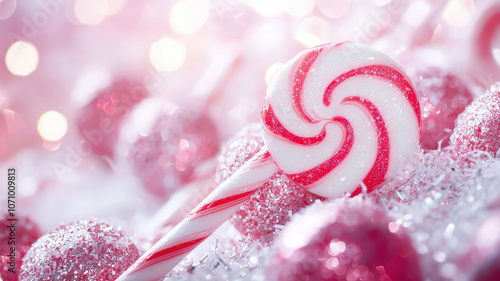 Sweet Christmas background featuring a pink and white lollipop, adding a festive and joyful touch to the holiday atmosphere