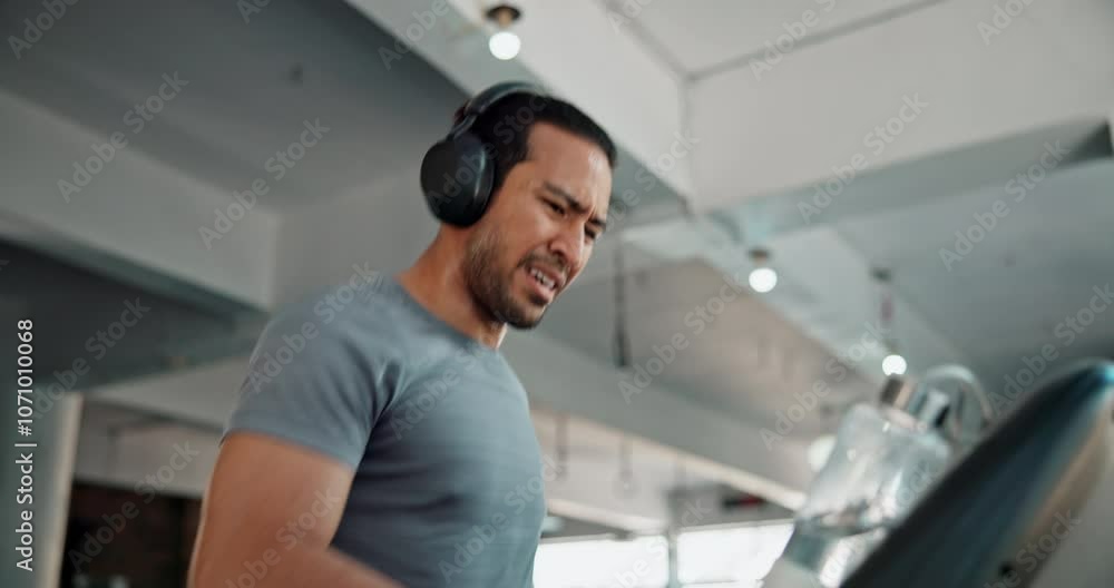 Tired man, workout and running on treadmill for exercise, fitness or cardio training with headphones at gym. Exhausted, runner and sports person with endurance, health podcast and athlete with music Tired man, workout and running on treadmill for exercise, fitness or cardio training with headphones at gym. Exhausted, runner and sports person with endurance, health podcast and athlete with music