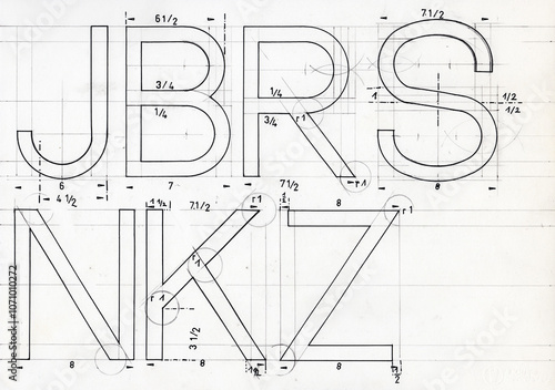 Handgezeichnete Schrift - Entwurf serifenlose Buchstaben JBRS NKZ mti Maßen bzw. Bemaßung photo