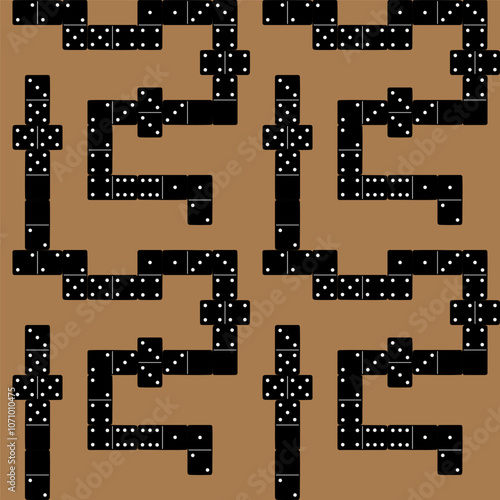 Domino style pattern with black domino tiles arranged on a brown background in a repetitive, geometric configuration