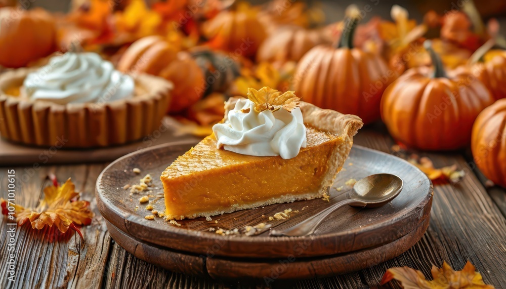 Pumpkin pie with a slice and a spoonful of whipped cream is a classic Thanksgiving dish with a backdrop of fall decor. Pumpkin pie with a slice and a spoonful of whipped cream is a classic Thanksgiving dish with a backdrop of fall decor.