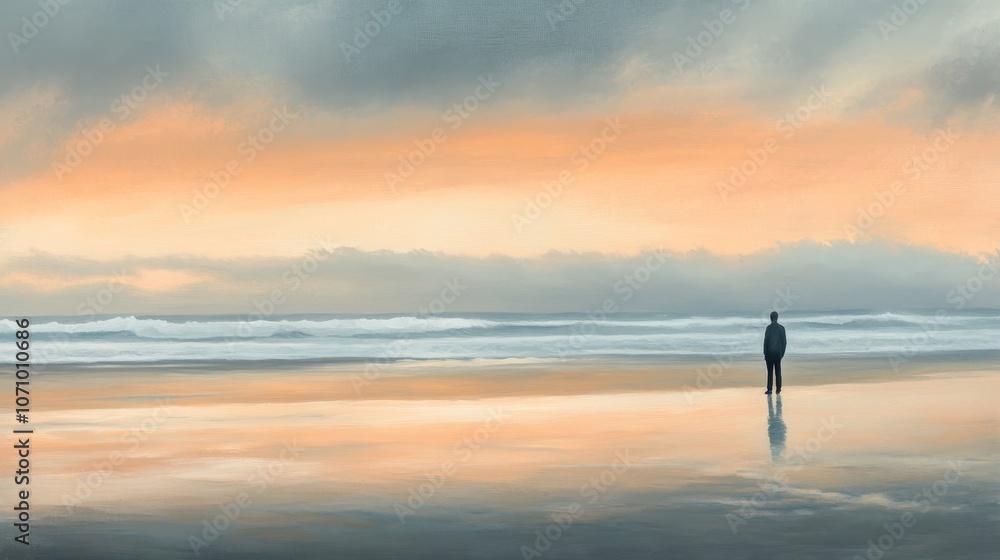 Tranquil figure on peaceful beach at dawn reflecting in solitude Tranquil figure on peaceful beach at dawn reflecting in solitude