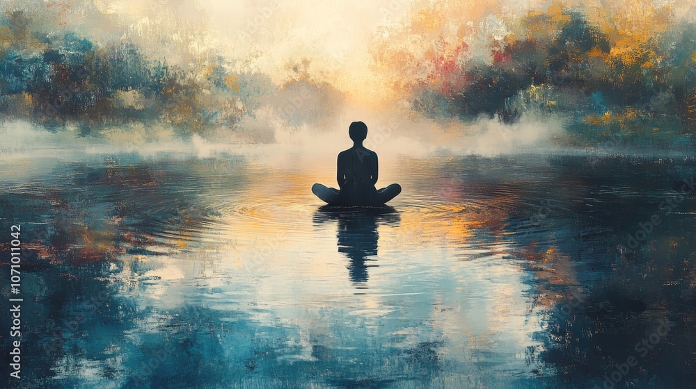 Tranquil serene figure by pond mindfulness in nature Tranquil serene figure by pond mindfulness in nature