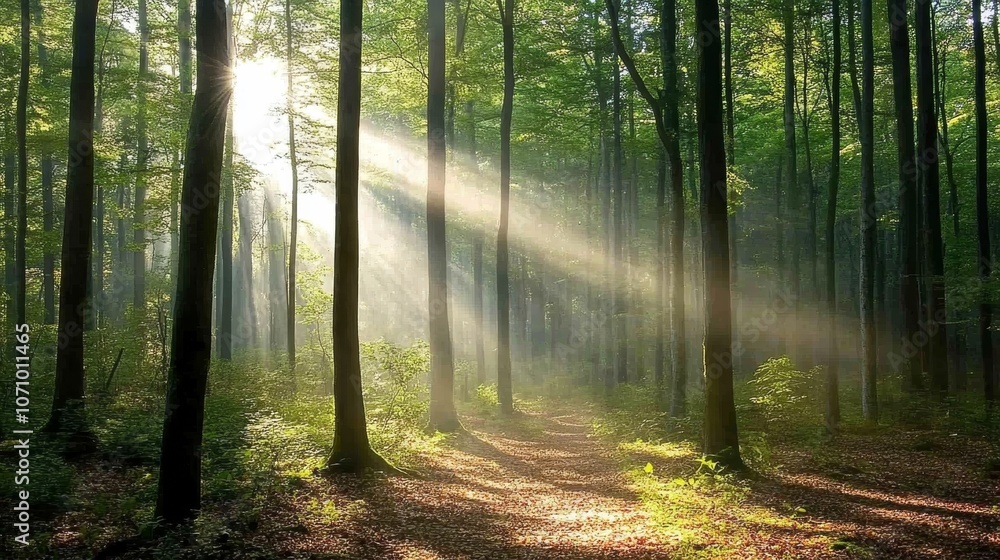 Forest with tall trees and dappled sunlight calming scene Forest with tall trees and dappled sunlight calming scene