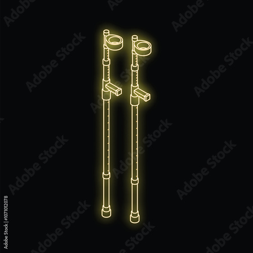 Neon stilts glowing with yellow light on a black background, perfect for entertainment and performance themes