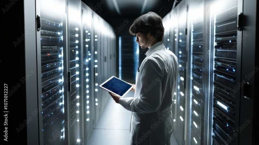 Fototapeta premium Data Security Tech, System Administrator Working On Digital Tablet, Server Room Management
