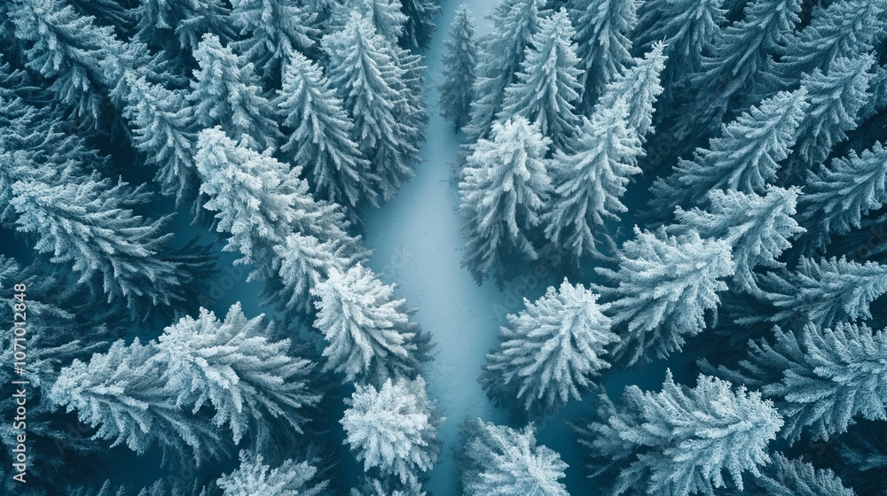 Frozen pine forest covered with snow in early morning light. Drone photo of snow covered evergreen trees Frozen pine forest covered with snow in early morning light. Drone photo of snow covered evergreen trees