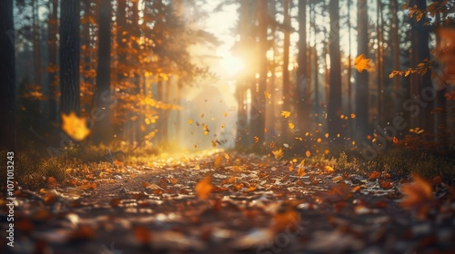 Golden Hour Trail, Autumn Pathway Through Vibrant Forest, Sunlight and Falling Leaves