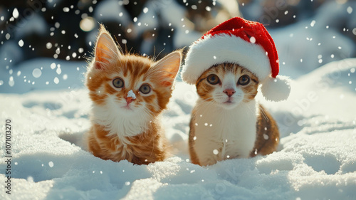 Tiny animated cat wearing Santa hats, playing in the snow, with paw prints all around, capturing the joyful winter spirit