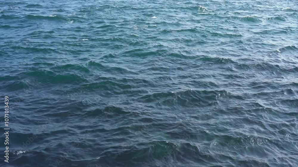 Wind gusting across deep blue ocean waters generates rhythmic waves, sparkling under sunlight against a clear sky Wind gusting across deep blue ocean waters generates rhythmic waves, sparkling under sunlight against a clear sky