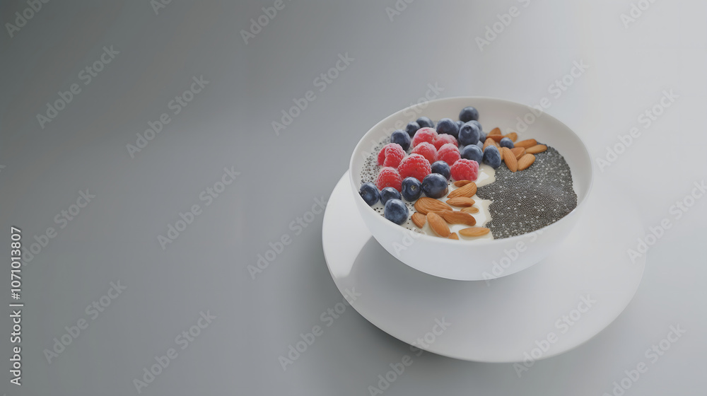 Photorealistic breakfast bowl filled with nutrient-dense foods like chia seeds and fresh berries, copy space Photorealistic breakfast bowl filled with nutrient-dense foods like chia seeds and fresh berries, copy space