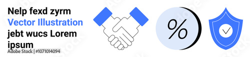 Handshake symbolizing agreement, percentage icon representing financial terms, and shield with checkmark for security and trust. Ideal for business, finance, security, partnership, agreements