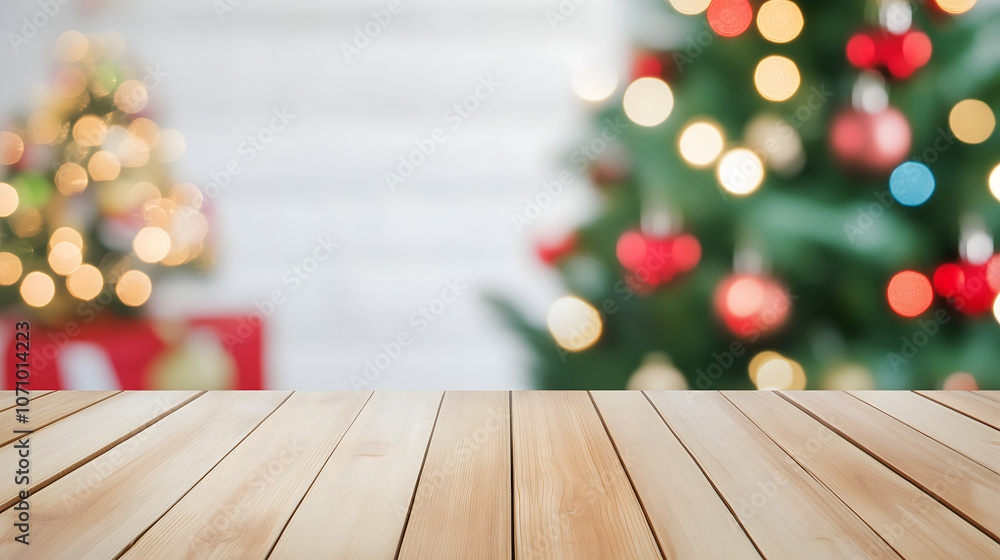 Empty wooden table top with a blurred Christmas background for a festive and inviting atmosphere Empty wooden table top with a blurred Christmas background for a festive and inviting atmosphere