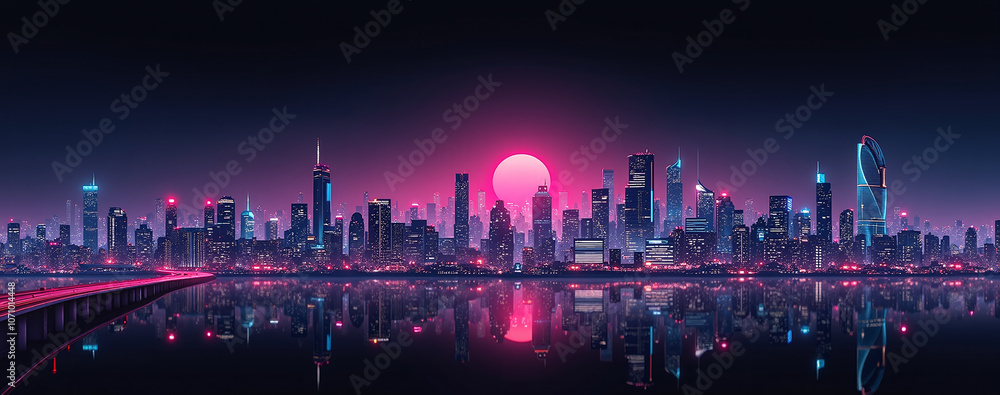 Futuristic panoramic city skyline at night with neon lights and skyscrapers under a dark sky Futuristic panoramic city skyline at night with neon lights and skyscrapers under a dark sky