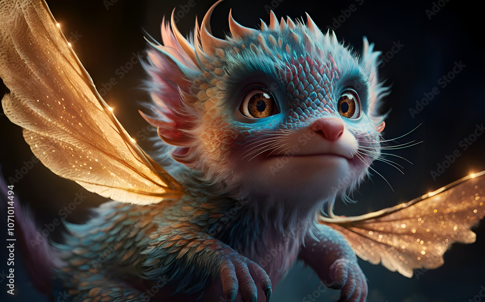 Obraz premium cutest fantasy ethereal animal-elf with golden wings childish creature. close up. digital artwork. Ai generated