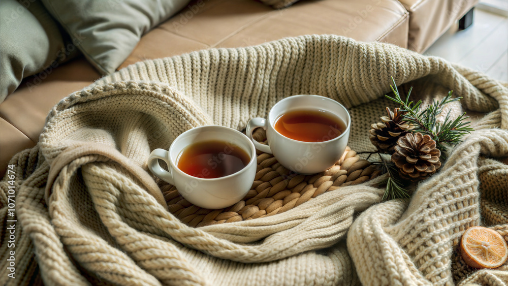 Two Cups of Tea on Cozy Knit Blanket with Pinecones for Winter Warmth Two Cups of Tea on Cozy Knit Blanket with Pinecones for Winter Warmth