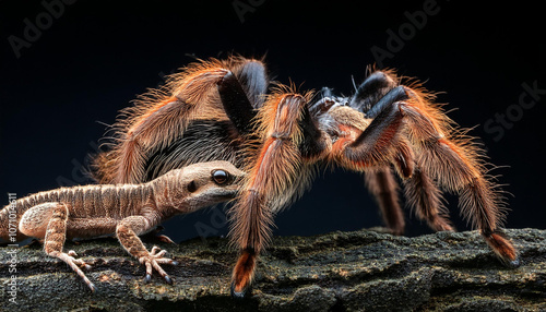 tarantula spider attacking a lizard with black background in macro