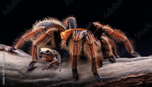 tarantula spider attacking a lizard with black background in macro