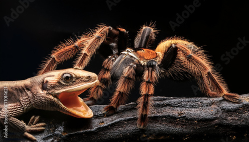 tarantula spider attacking a lizard with black background in macro