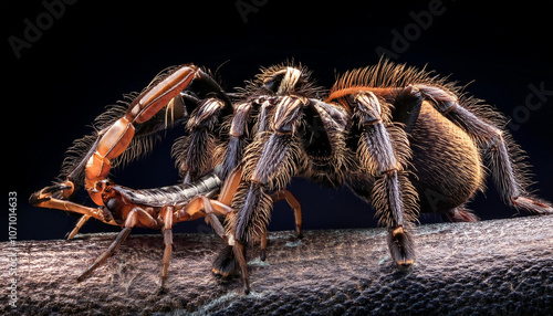 Scorpion attacking spider with black background