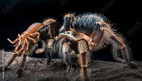 Scorpion attacking spider with black background