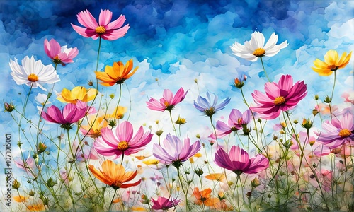 Enchanting meadow of tall flowers reaching towards blue sky. Colorful petals dance in gentle breeze, set against dramatic cloudscape, creating dreamlike image full of life, color. For greeting card.