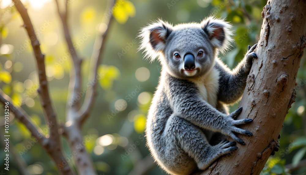 A playful koala ascends the branches of a eucalyptus tree, basking in the warm afternoon sunlight of an Australian forest A playful koala ascends the branches of a eucalyptus tree, basking in the warm afternoon sunlight of an Australian forest