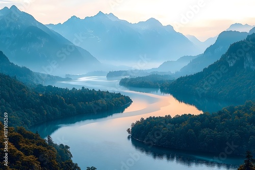 A breathtaking view of a winding river surrounded by lush forests and misty mountains during sunrise, capturing the tranquil beauty of nature.