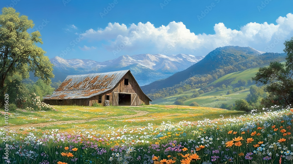 A rustic wooden barn sits on a grassy meadow, surrounded by vibrant wildflowers with a backdrop of rolling hills and a mountain range. A rustic wooden barn sits on a grassy meadow, surrounded by vibrant wildflowers with a backdrop of rolling hills and a mountain range.
