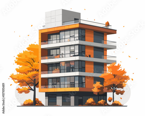 Tall building with orange trim and glass windows. The building is surrounded by trees with orange leaves